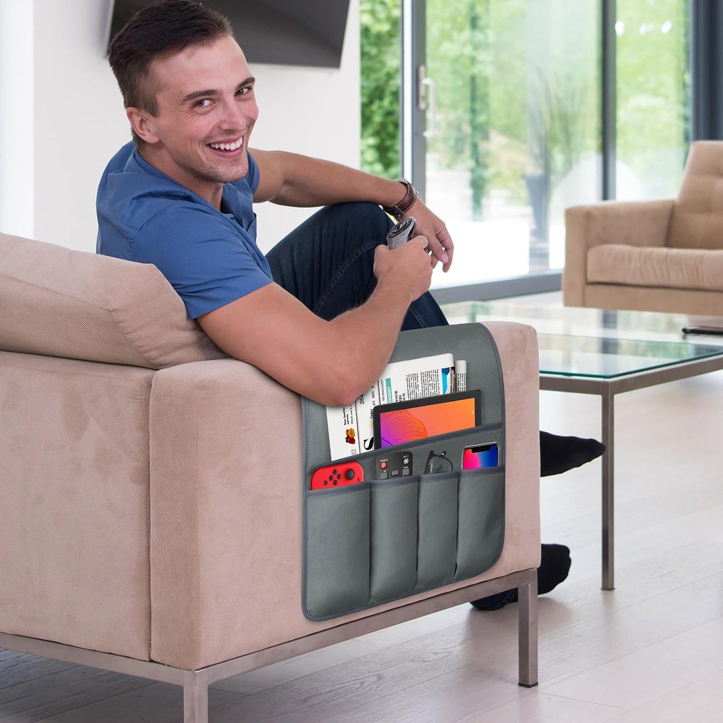 Remote Control Holder for Armchair Caddy, Remote Holder with 5 Pockets | Couch TV Remote Holder with Non-Slip Base, Bedside Caddy Organizer for Key Glasses Phone Magazine (Blue, 35"x12.4")