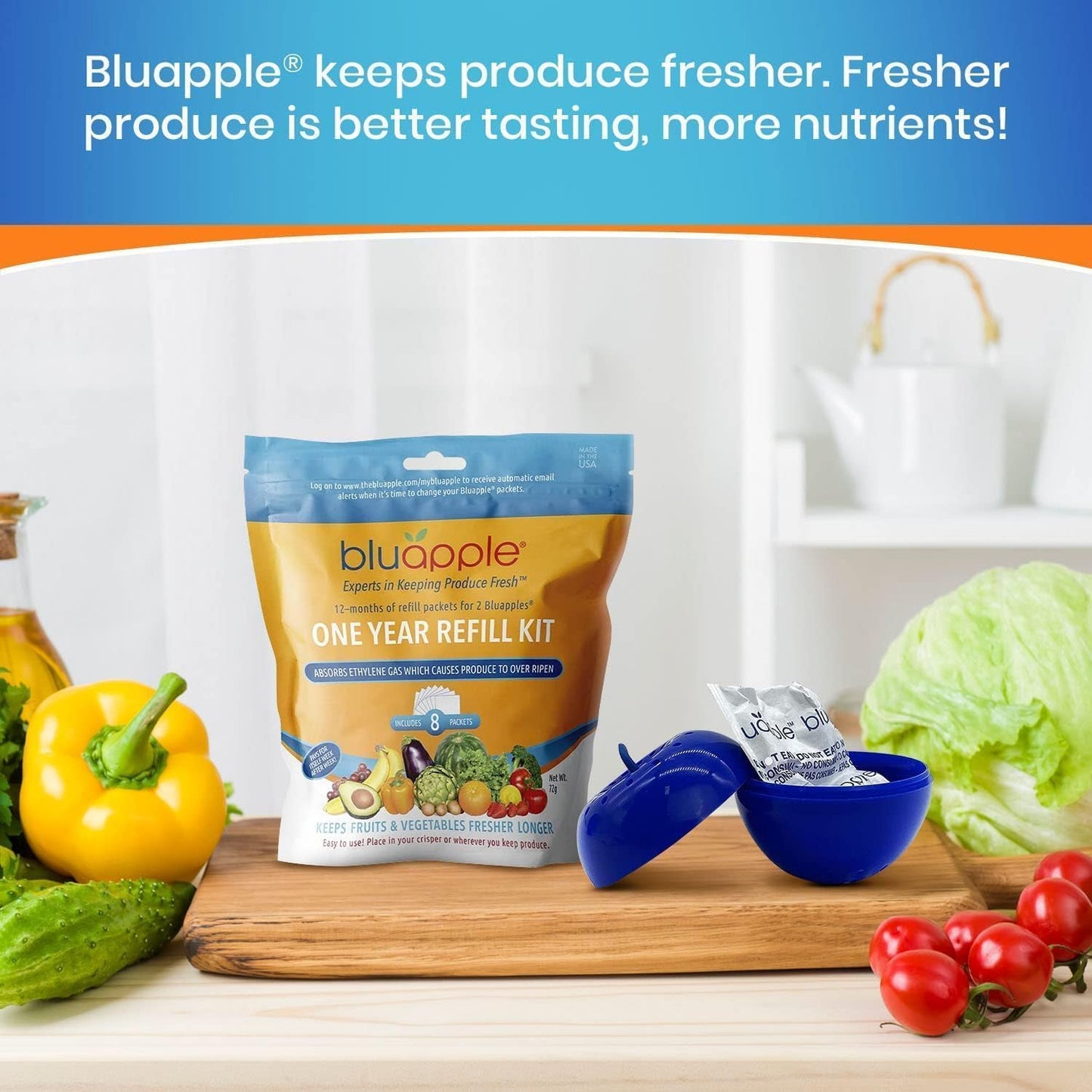 Bluapple Produce Saver Ethylene Gas Absorber - Fresh Fruit & Vegetable Storage for Refrigerator Crisper, Shelves & Fruit Bowls, Produce Keeper, Fruit Saver, Kitchen Must Haves, BPA-Free - 2-Pack