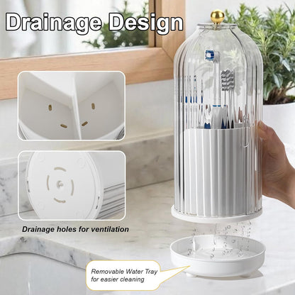 Toothbrush Holders with Cover Toothpaste Organizer for Bathroom, White | 360° Rotating, Dustproof Sliding Lid, Drainage Holes, Waterproof, for Kids Electric Toothbrush Makeup Brush Storage