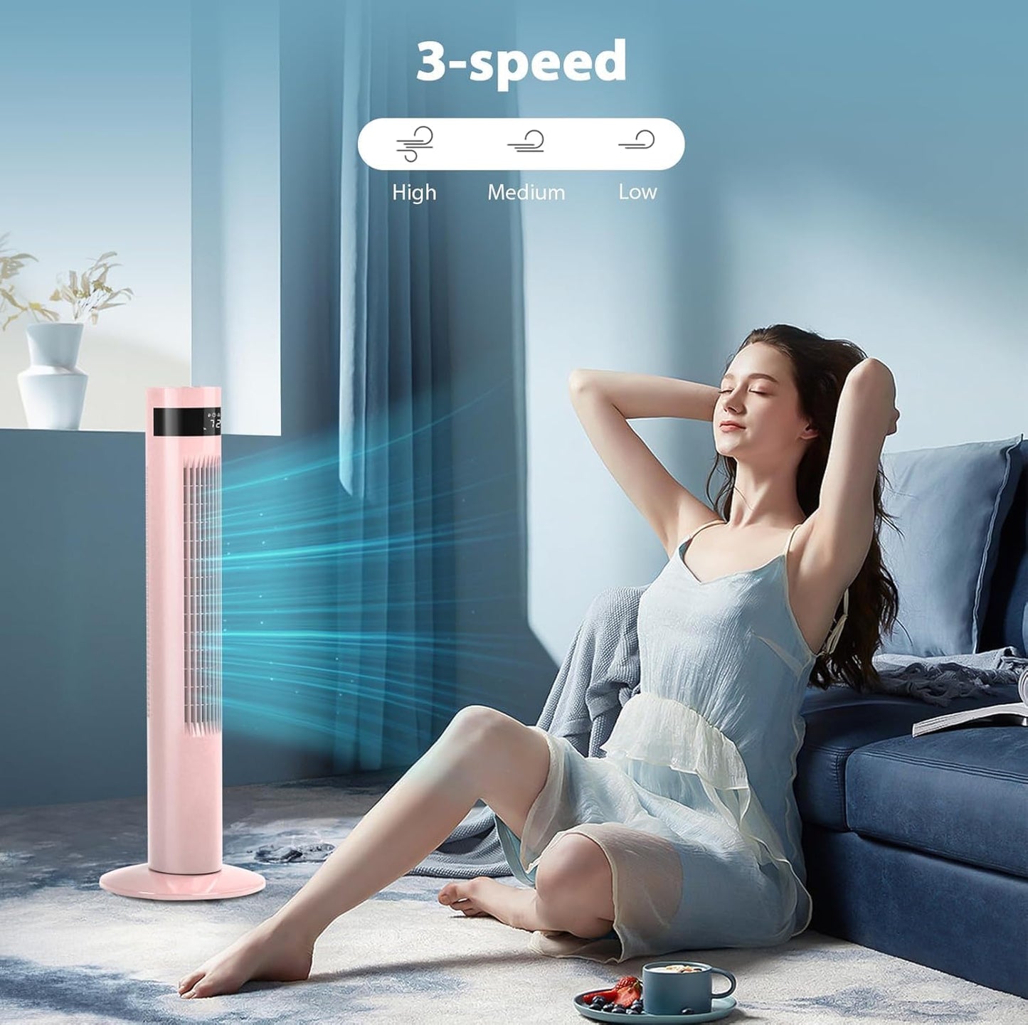 Antarctic Star Tower Fan 85°Oscillating Fan Quiet Cooling 12H Timer Remote Control Bladeless Electric 3 Speeds Wind 3 Modes, 42INCH, PINK