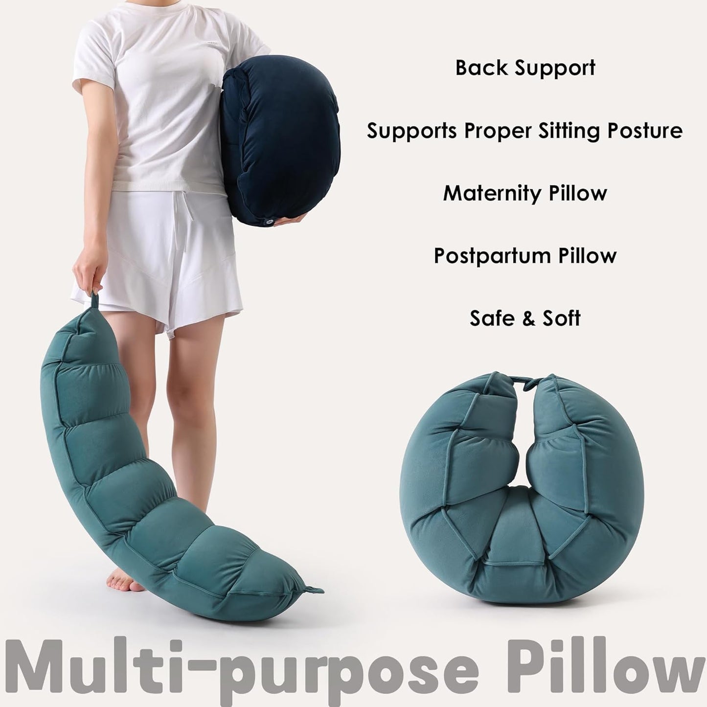 Peallow(Pat. Pend) – Long Round Body Pillow for Adults, Bolster Pillow for Sleeping, Soft and Supportive Pillow for Sleeping & Lumbar Support (Green-White, 29.5")