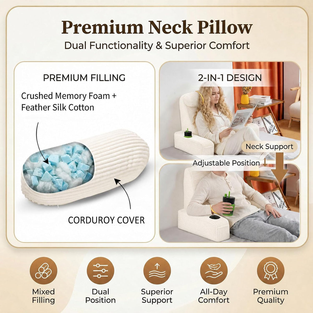 21 INCH Reading Pillow for Adults, Back Pillow for Bed Sitting Up, Backrest Pillow for Sitting in Bed, Detachable Arms with Built-in Cup & Phone Caddy (Gray, 21 INCH)