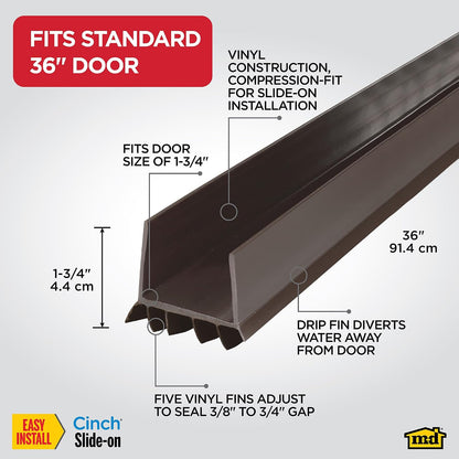 M-D Building Cinch® Slide-On U-Shaped Vinyl UDS, Brown, 36in 2pk | Rigid and Flexible Vinyl, Blocks Drafts Moisture Dust Insects, Compression Fit, No Hardware Required, Cut-to-Length