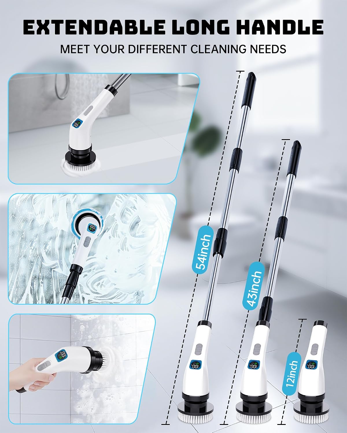 Electric Spin Scrubber for Bathroom | Shower Cleaner Brush with Long Handle | Dual Speed Cordless Power Scrubber with 7 Brushes Heads | IPX7 Waterproof Scrub Brush for Bath Tub Tile Grout Glass Tool