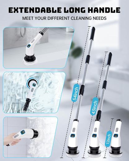 Electric Spin Scrubber for Bathroom | Shower Cleaner Brush with Long Handle | Dual Speed Cordless Power Scrubber with 7 Brushes Heads | IPX7 Waterproof Scrub Brush for Bath Tub Tile Grout Glass Tool