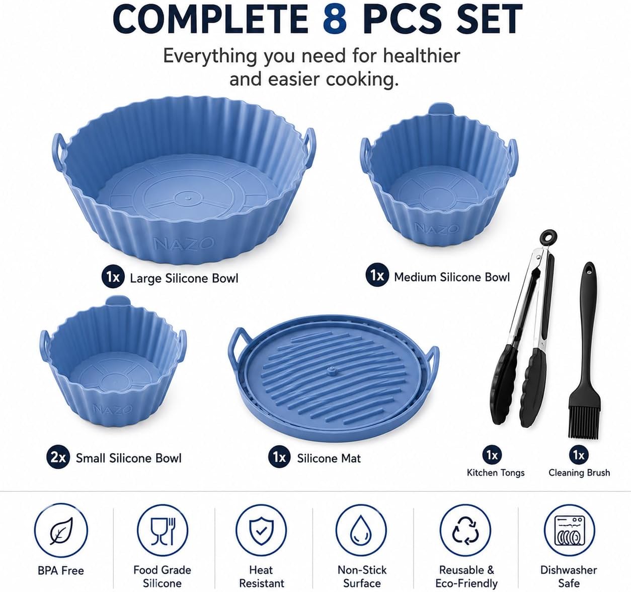 8 PCS Air Fryer Accessories Set, Reusable Silicone Air Fryer Liners for Round Basket, Non Stick Air Fryer Inserts with Kitchen Tongs & Basting Brush, BPA Free, Heat Resistant, Dishwasher Safe