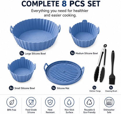 8 PCS Air Fryer Accessories Set, Reusable Silicone Air Fryer Liners for Round Basket, Non Stick Air Fryer Inserts with Kitchen Tongs & Basting Brush, BPA Free, Heat Resistant, Dishwasher Safe