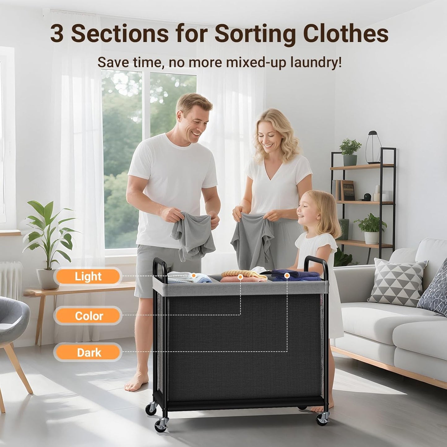 ELYKEN Laundry Hamper 2 Section, 100L Rolling Laundry Sorter with Wheels | Removable Washable Liner Bags, Sturdy Steel Frame and Metal Handle, Double Compartment Clothes Organizer for Laundry Sorting