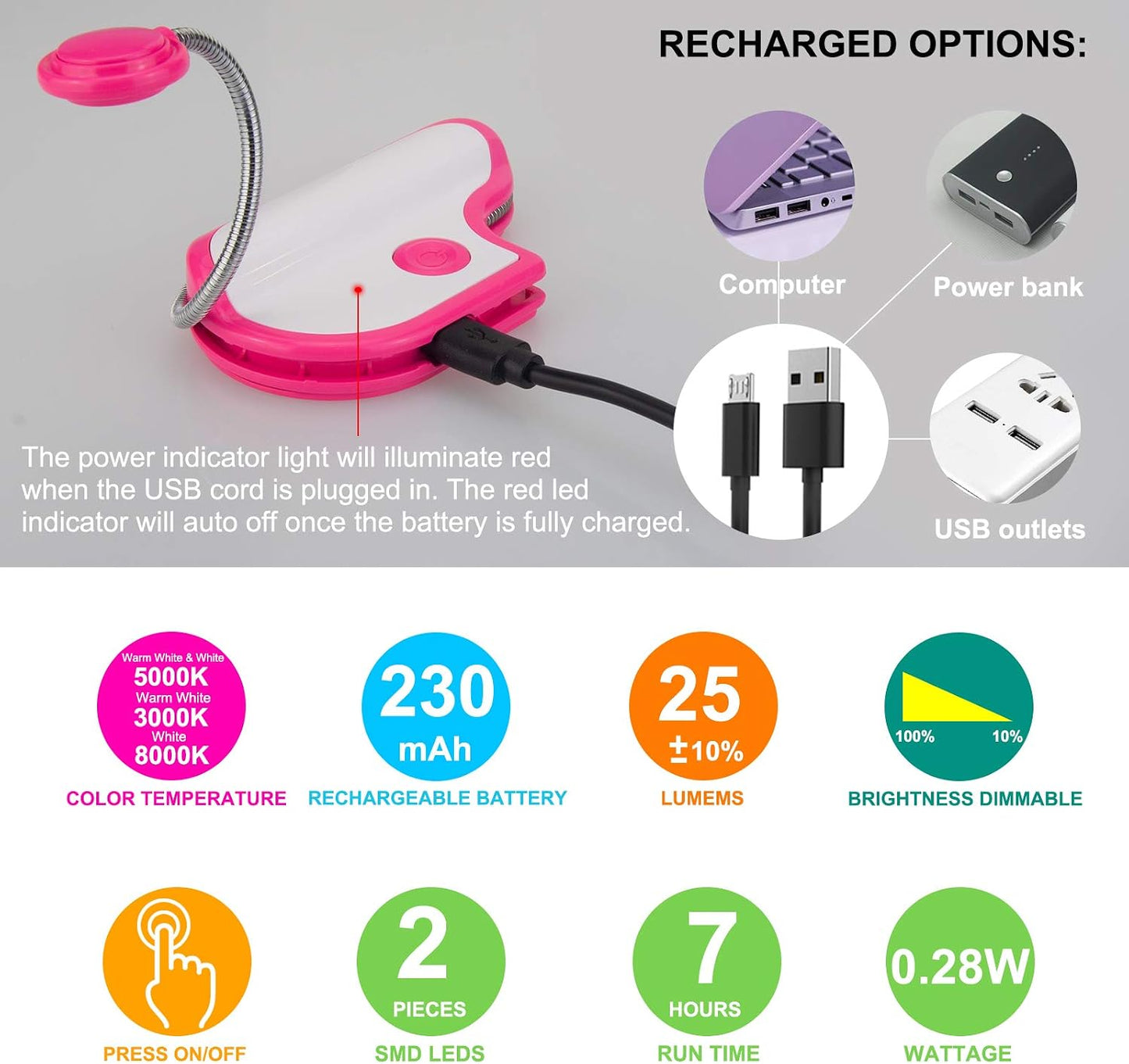 BIGMONAT Rechargeable Book Reading Light in Bed,Dimmable Warm/White Book Light for Kids,Multi Colors Portable LED Reading Lamp with Rotary Light Neck,Wireless Clip on Reading Light for Student(Green)
