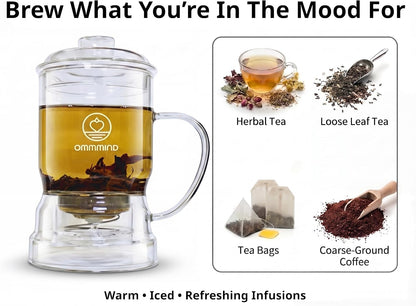 Glass Tea Infuser, Easy Drain for Loose Leaf, 15.2 oz, Black | Fits rims under 3.15 in; set on mug to drain, lift to stop, helps limit bitterness. Dishwasher safe; tea bags, herbs, coffee