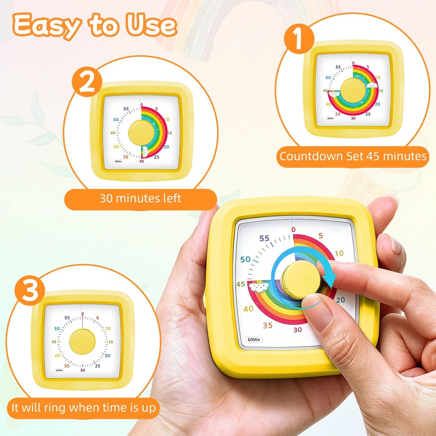 Visual Timer for Kids 60 Minute Countdown Clock – Silent Cube Timer with Rainbow Cloud Design, Plastic Kids Visual Timer, Toddler Timers for Classroom Home Kitchen Study Tools, Green
