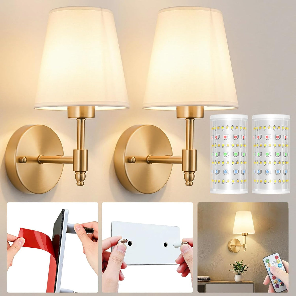 Nekhung Battery Operated Wall Sconce, Peel and Stick Sconces Set of 2