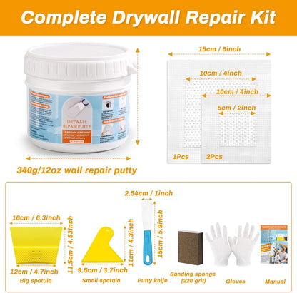 Drywall Repair Kit, Drywall Patch Repair Kit with 8.8OZ White Wall Repair Putty, Scraper Sandpapers Gloves for Heavy Duty Plaster Wall Repair, Easy to Fill Holes in Home Wall & Quick Repair Crack