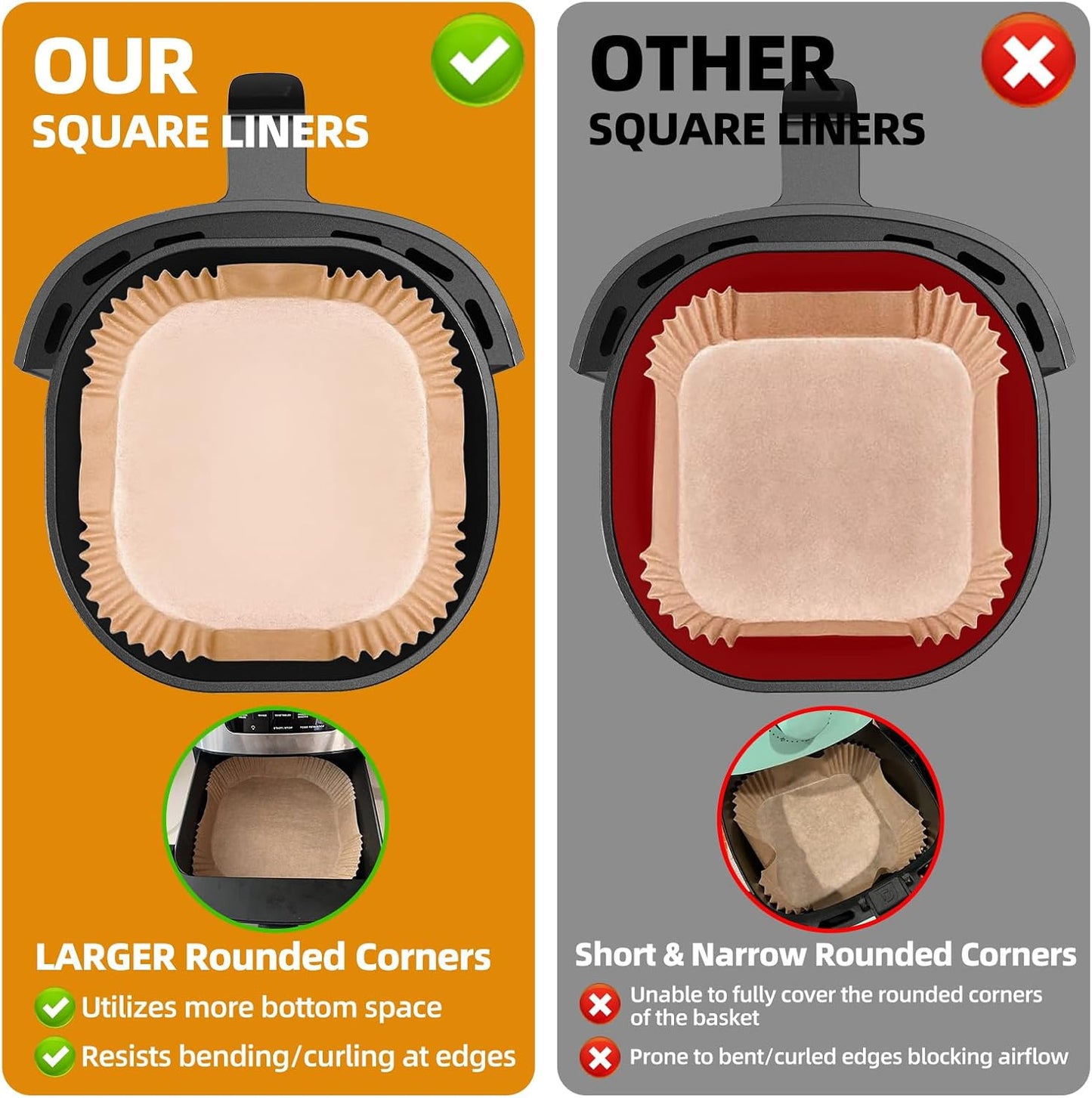 HONYAO Air Fryer Paper Liners for Dual Zone Airfryer, 8.1x5.5 inch | Rectangle Disposable Baking Inserts for Ninja Foodi DZ201/401, 8-10 Quart Double Basket Food Grade Accessories BPA free