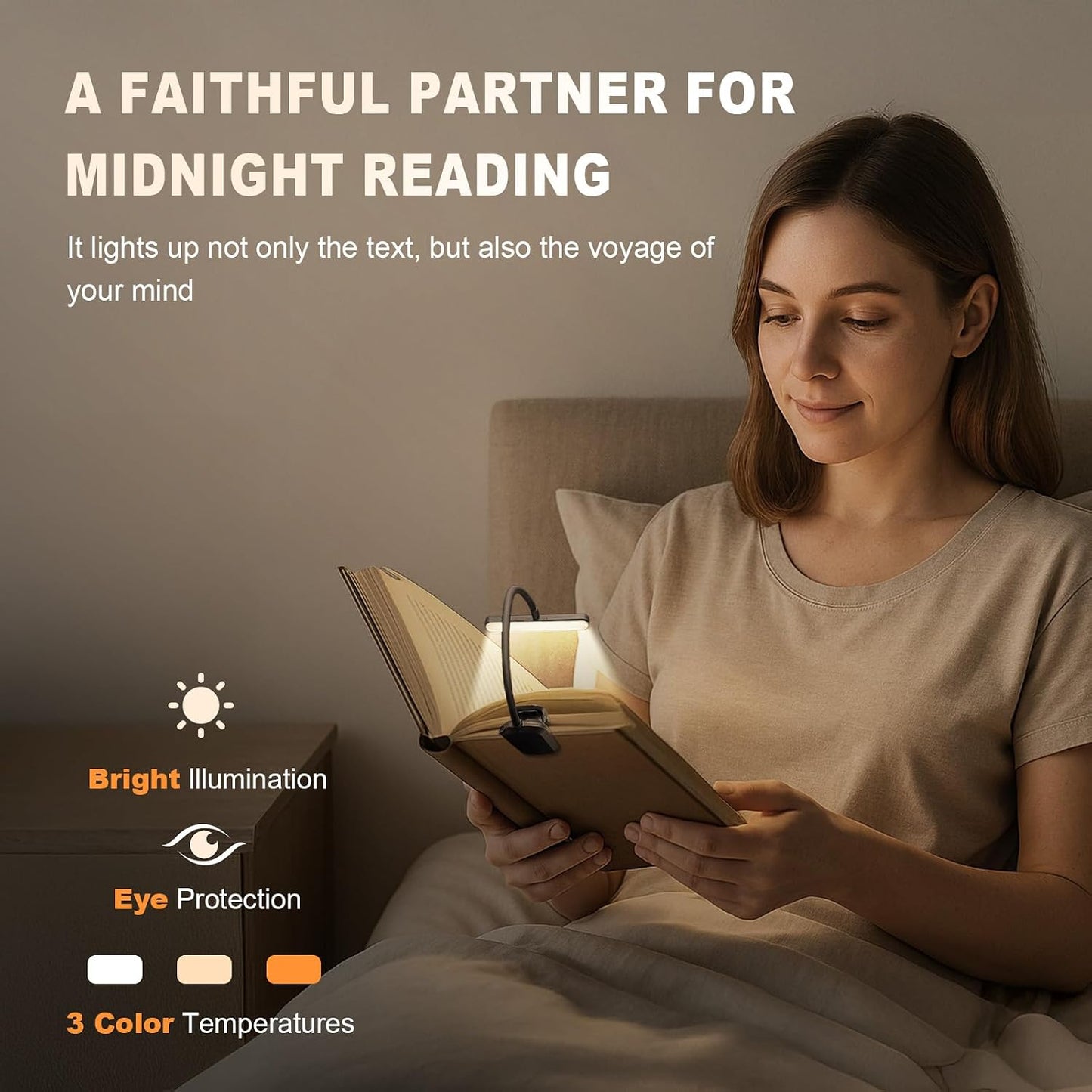 Rechargeable Book Light for Reading in Bed 25 LED - Eye Caring 15 Level Stepless Dimming, Extended 90Hrs Runtime, Lightweight Clip on Light, Gifts for Book Lovers, Black