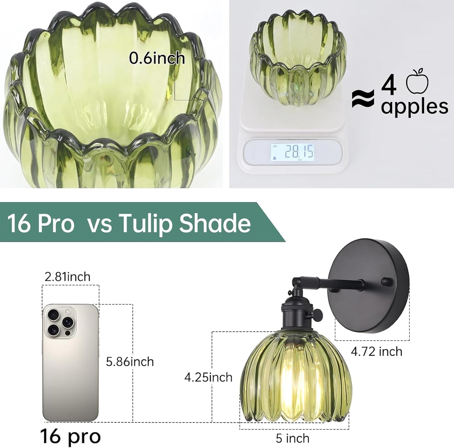 Shenmoyl Vintage Battery Operated Wall Sconce with Green Tulip Glass Lampshade Rechargeable Battery Powered Wall Light with Remote Control for Bedside Bedroom Doorway