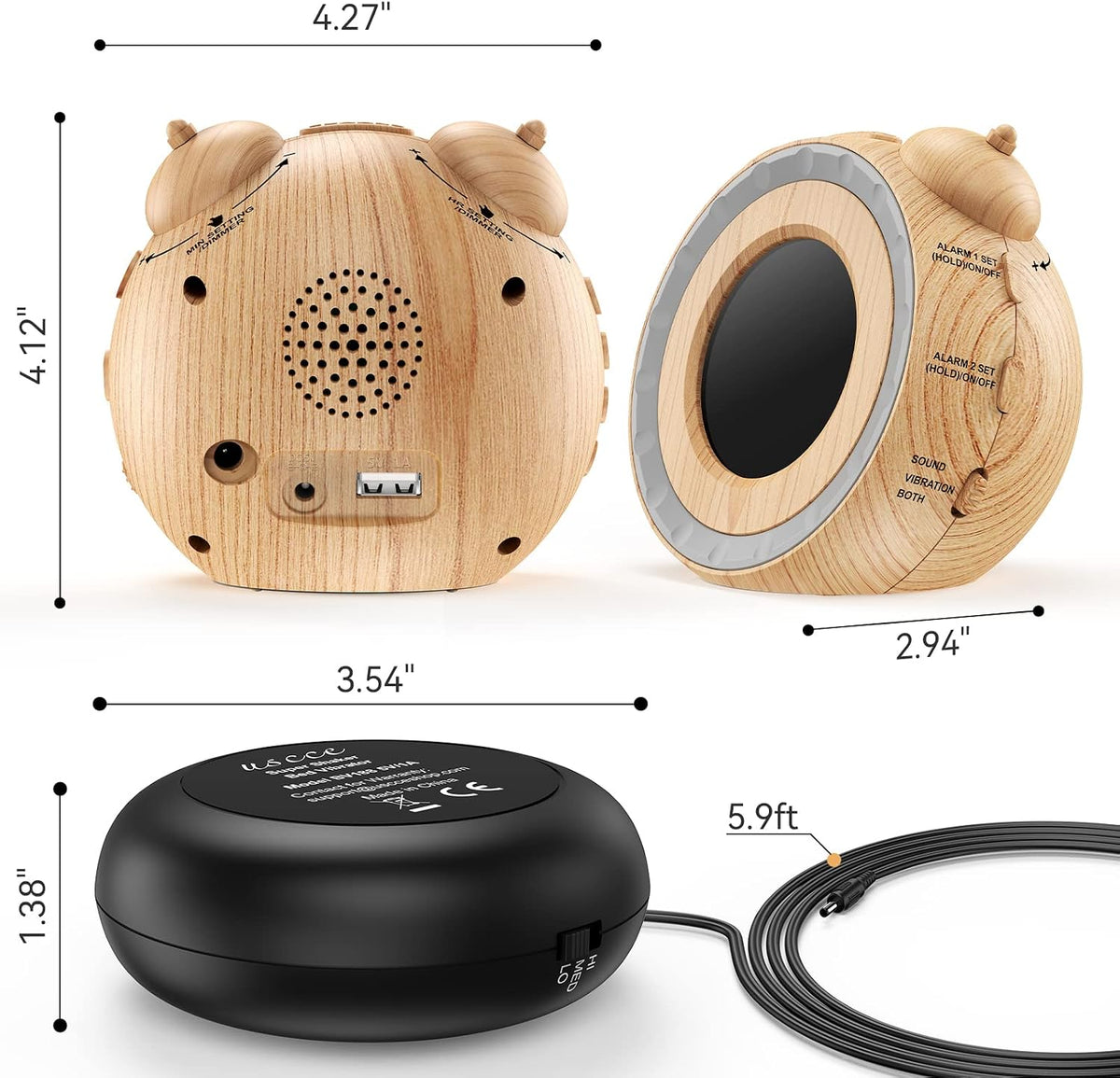 uscce Loud Dual Alarm Clock with Powerful Adjustable Bed Shaker