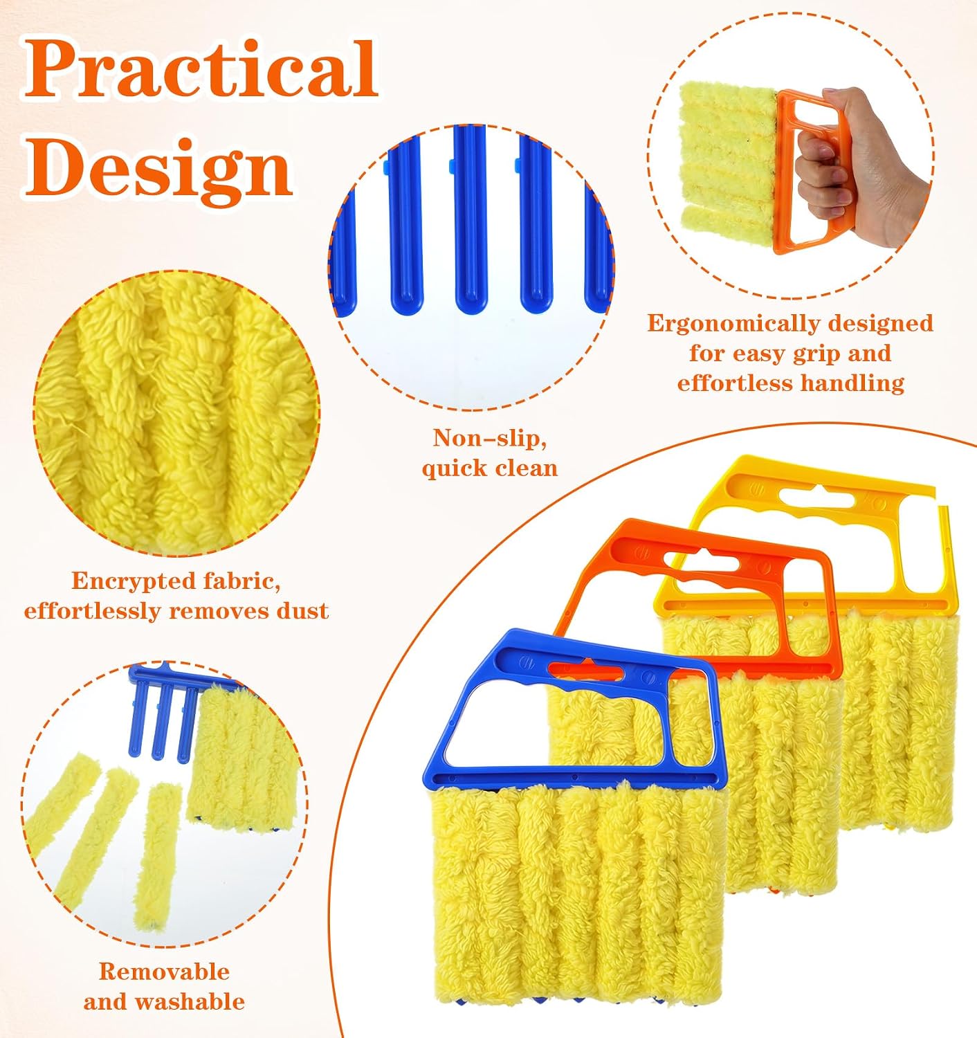 3 Pcs Window Blind Cleaner, Blind Duster for Wood Blinds 7-Finger Tool | for Venetian Blind & Air Conditioner Vents (Orange, Yellow, Blue)