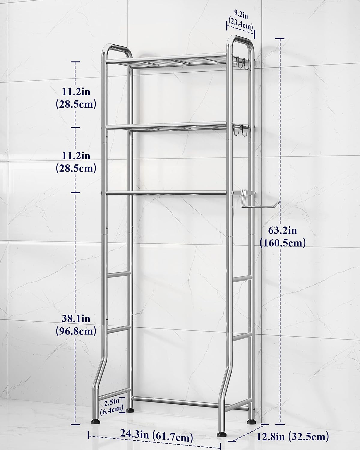 Kitsure Over Toilet Storage Rack, 63.2" H Space-Saving, Holder & Hooks | Bathroom, Laundry Room, Small Spaces, Families, Durable Metal, Black, 3 Tier
