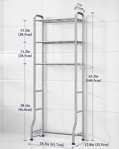 Kitsure Over Toilet Storage Rack, 63.2" H Space-Saving, Holder & Hooks | Bathroom, Laundry Room, Small Spaces, Families, Durable Metal, Black, 3 Tier