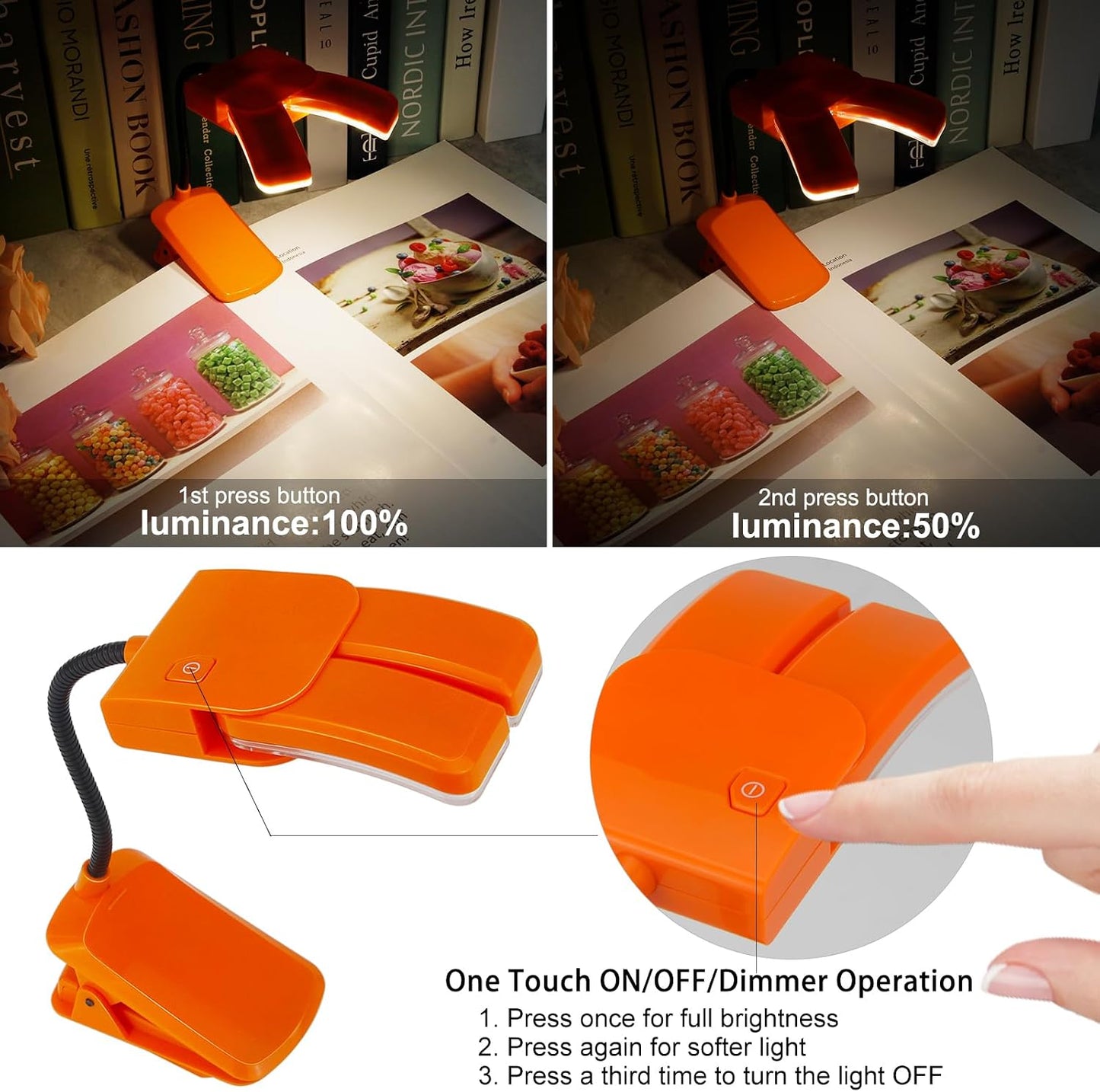 BIGMONAT Battery Operated Clip on Light, Dimmable Brightness Eye Care Book Reading Light, 360°Flexible Gooseneck Night Lighting for Home Office, Reading,Study (Orange, 2Pack)