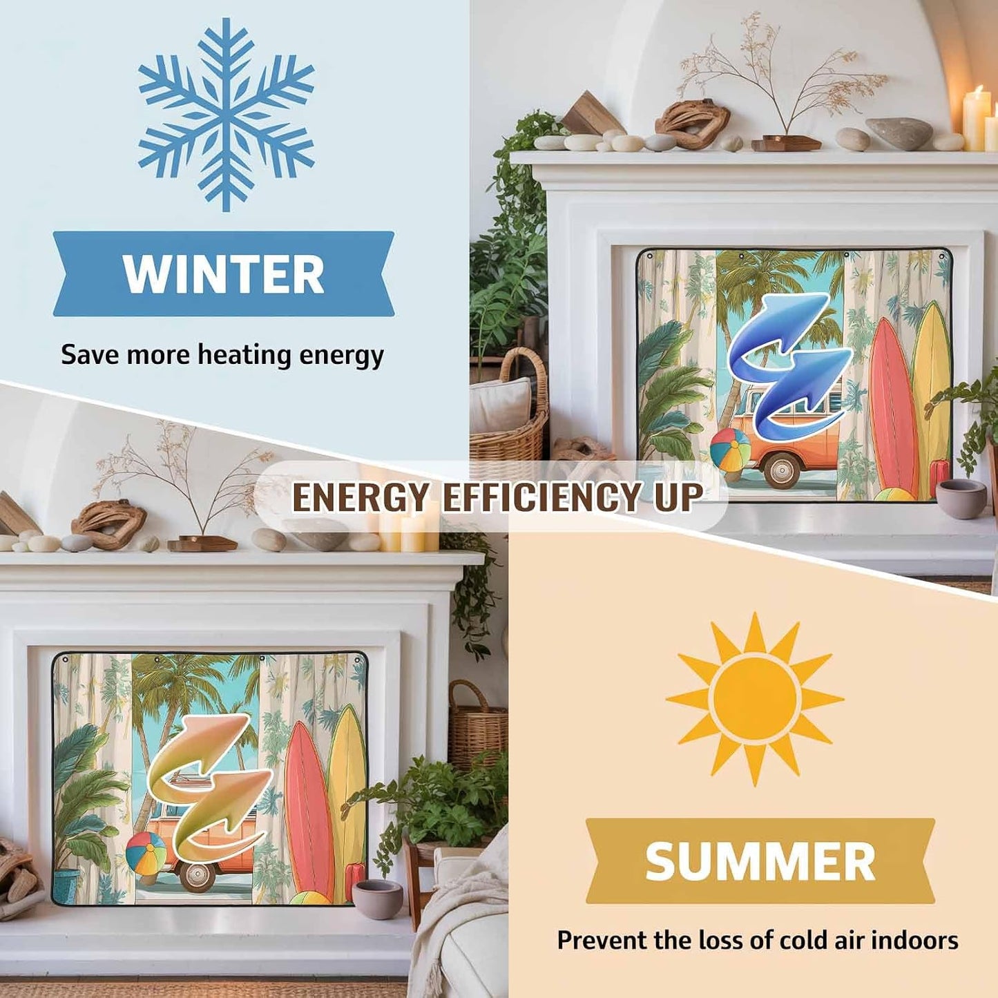 Magnetic Fireplace Cover Tropical Palm Leaves Fireplace Screen Decorative Camper Van Surfboard Balls Insulation Fireplace Blocker Save Energy Fireplace Draft Stopper Covers for Living Room 36x30 Inch