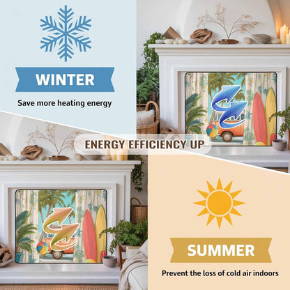 Magnetic Fireplace Cover Tropical Palm Leaves Fireplace Screen Decorative Camper Van Surfboard Balls Insulation Fireplace Blocker Save Energy Fireplace Draft Stopper Covers for Living Room 36x30 Inch