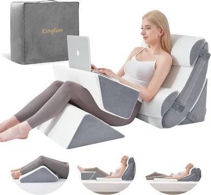 Kingfun 4PCS Orthopedic Bed Wedge Pillow Set for Sleeping, Post Surgery Memory Foam Support Pillows for Back, Neck and Leg Pain Relief, Adjustable Triangle Pillow - Acid Reflux, Anti Snoring & GERD