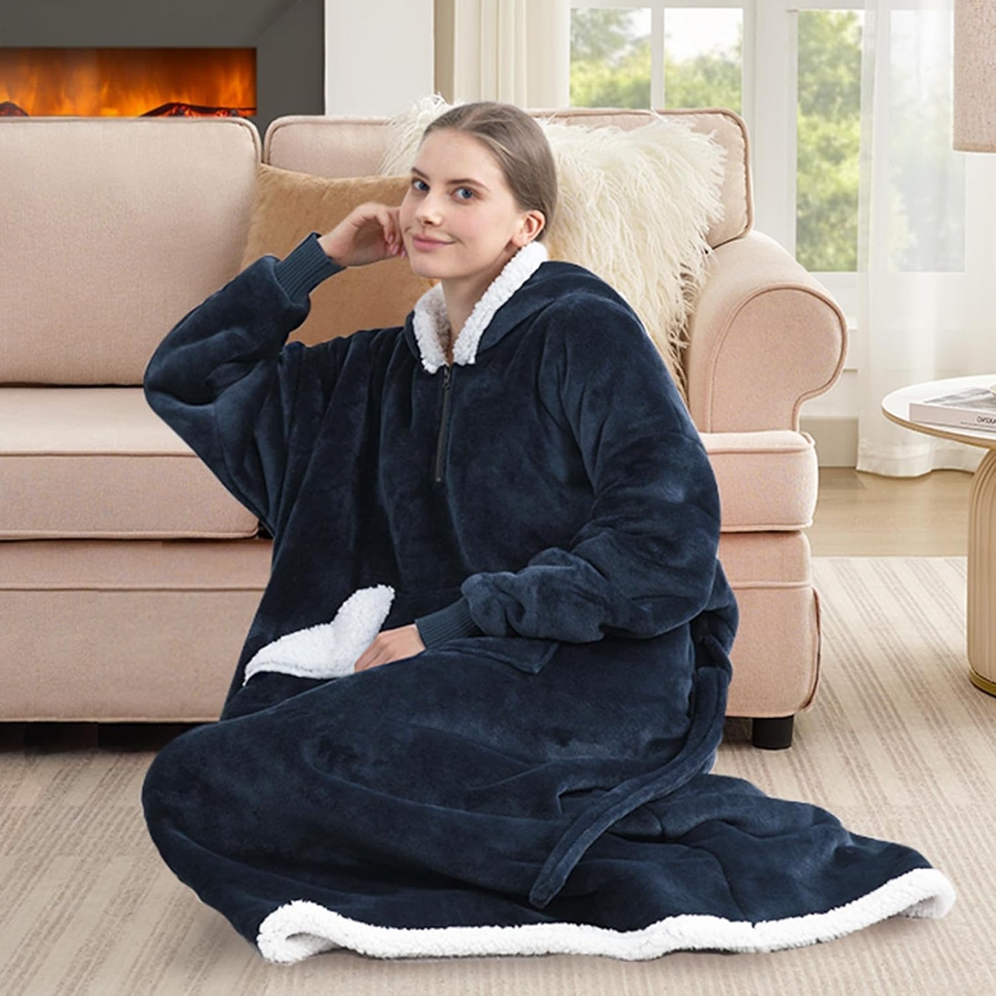 Wearable Blanket Hoodie, Oversized Sherpa Fleece Sweatshirt Blanket with Giant Hood Pocket and Sleeves for Adult, Warm & Cozy Grey Blanket Gifts for Women