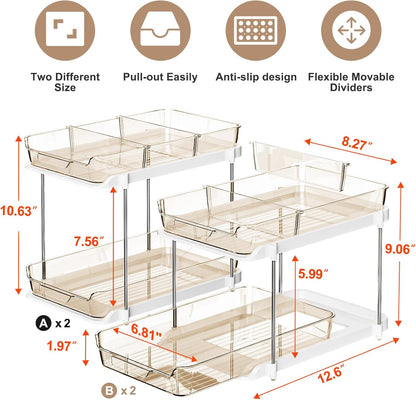 Delamu 2-Tier Multi-Purpose Bathroom Under Sink Organizers and Storage, Stackable Kitchen Pantry Organization, Pull Out Medicine Cabinet Organizer with Movable Dividers, White, 2 Pack