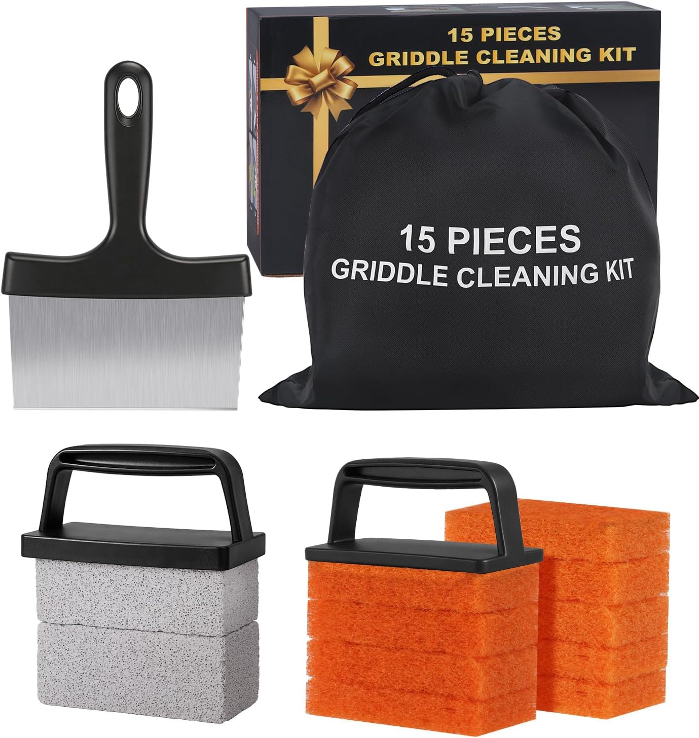 Griddle Cleaning Kit for Blackstone,15 Pieces Flat Top Grill Cleaning Kit with Grill Scraper, Griddle Bricks and Brush Easy to Remove Stain,Griddle Accessories Cleaner Tool Set with Storage Bag
