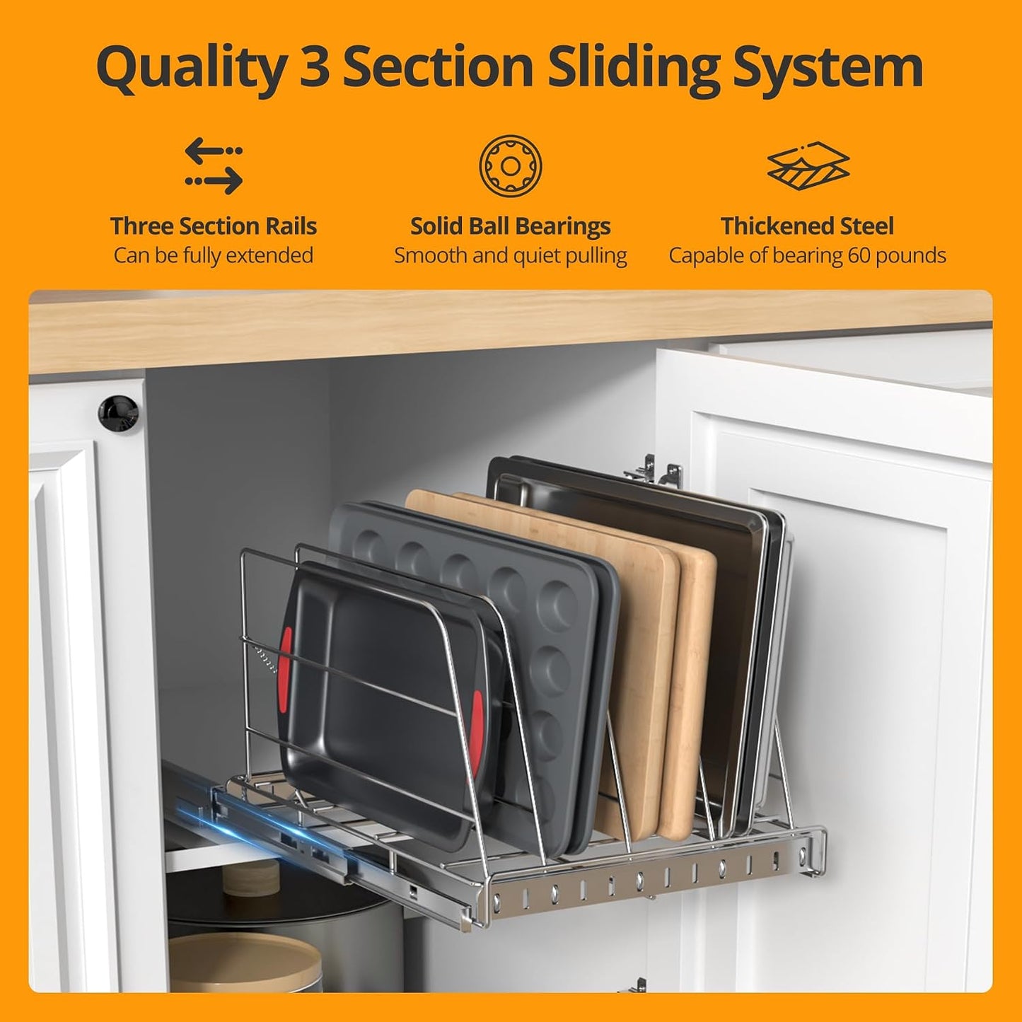 Pull Out Cabinet Organizer for Cutting Board, Cookie Sheet, Baking Sheet | Stainless Steel Sliding Rack for Bakeware & Trays, Heavy-Duty Cutting Board Organizer