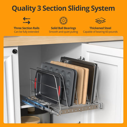 Pull Out Cabinet Organizer for Cutting Board, Cookie Sheet, Baking Sheet | Stainless Steel Sliding Rack for Bakeware & Trays, Heavy-Duty Cutting Board Organizer