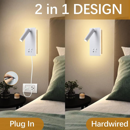 LED Wall Lamp Wall Mounted Reading Lights, Adjustable Headboard Plug in Wall Sconce with USB C+A Ports, Headboard Bedside Lamp with 9W+3W Night Light 3000K (White)