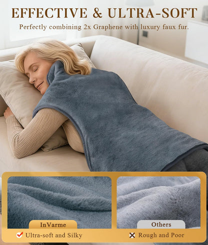 Neck-Back Far Infrared Heating Pad: 2X Graphene and Luxury Plush Electric Heating Pad for Neck Shoulders Back - 3X Deeper Pain Relief for Mom Dad in Full Body - 24” X 37” 3H Auto Off