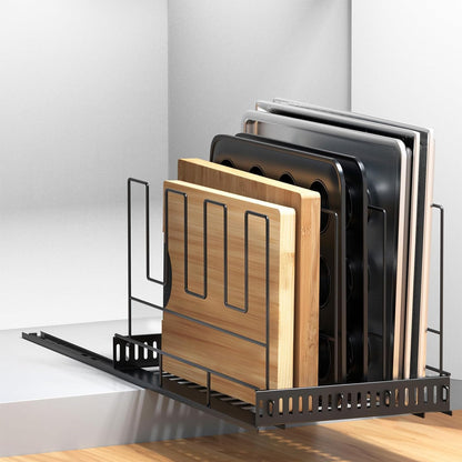 Housolution Pull Out Baking Tray and Cookie Sheet Cutting Board Organizer | 13"-22" Expandable, 21.5" Deep, 8 Adjustable Dividers, Sliding Rail Design, Sturdy Metal Structure, Adhesive/Screw Fixing