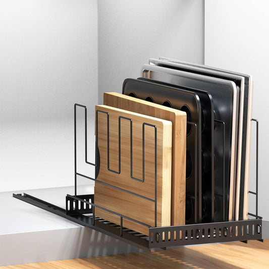 Housolution Pull Out Baking Tray and Cookie Sheet Cutting Board Organizer | 13"-22" Expandable, 21.5" Deep, 8 Adjustable Dividers, Sliding Rail Design, Sturdy Metal Structure, Adhesive/Screw Fixing