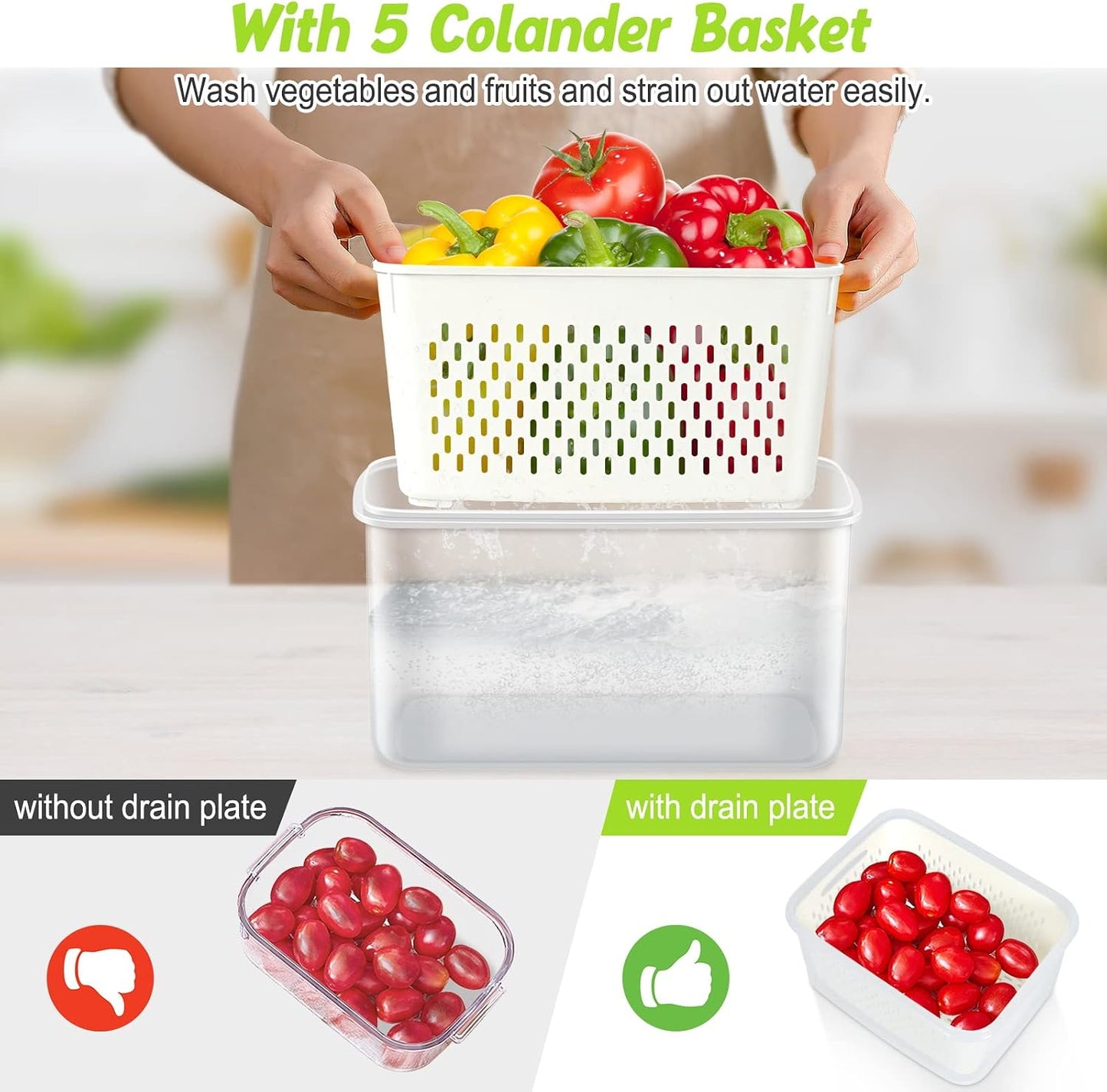 8 Pieces Fruit Storage Containers for Fridge with Lids and Strainer | 4Pack Fruit Containers for Fridge, Fresh Produce Saver Keeper for Vegetable Fruit Salad, BPA Free Organizer for Refrigerator