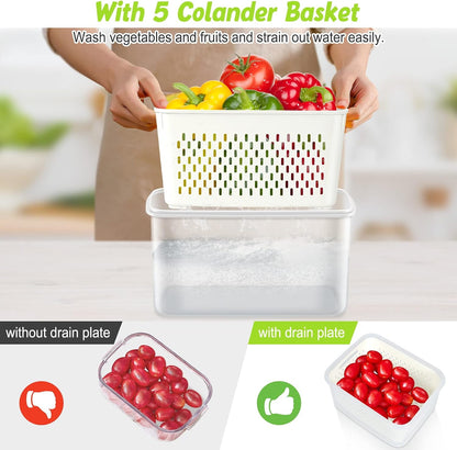 8 Pieces Fruit Storage Containers for Fridge with Lids and Strainer | 4Pack Fruit Containers for Fridge, Fresh Produce Saver Keeper for Vegetable Fruit Salad, BPA Free Organizer for Refrigerator