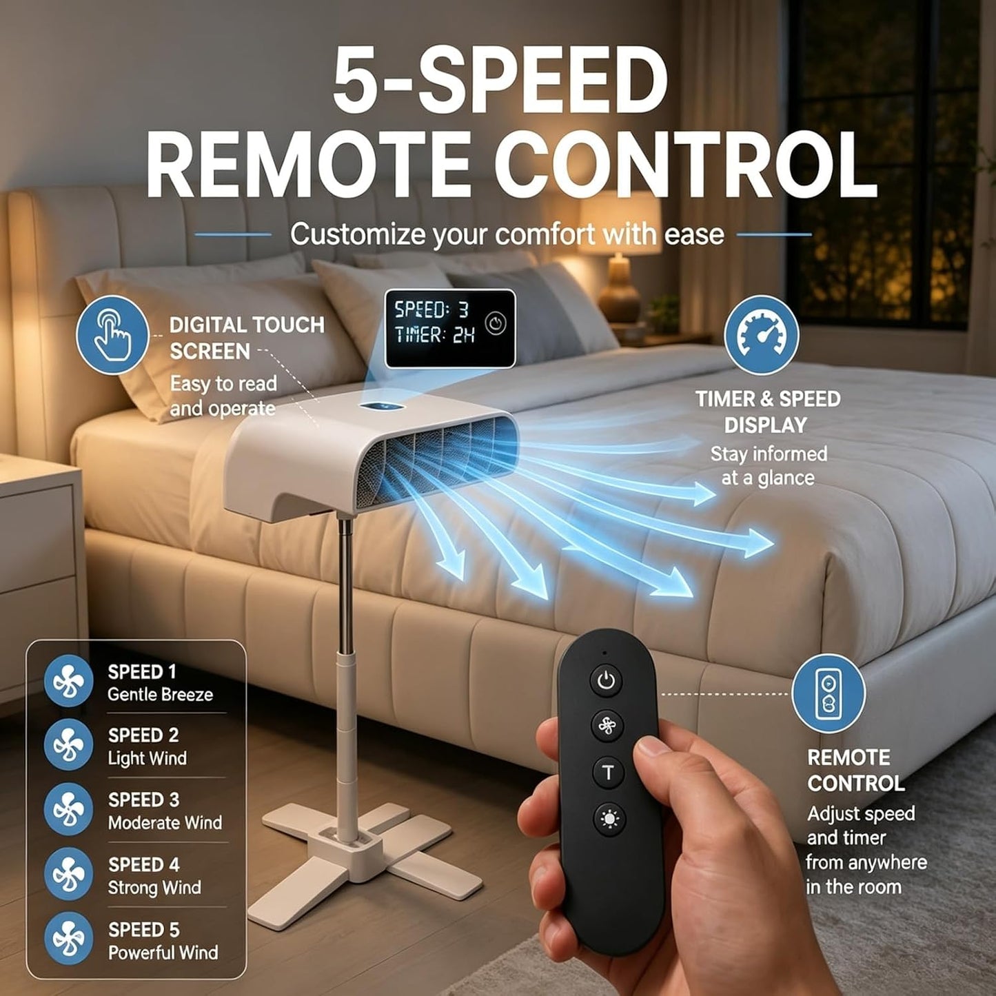 Rechargeable Bed Cooling Fan Under Sheets for Hot Sleepers | Under-Sheet Cooling System With Remote Control, 5 Quiet Speeds, Adjustable Height And Long-Lasting 10000mah Battery