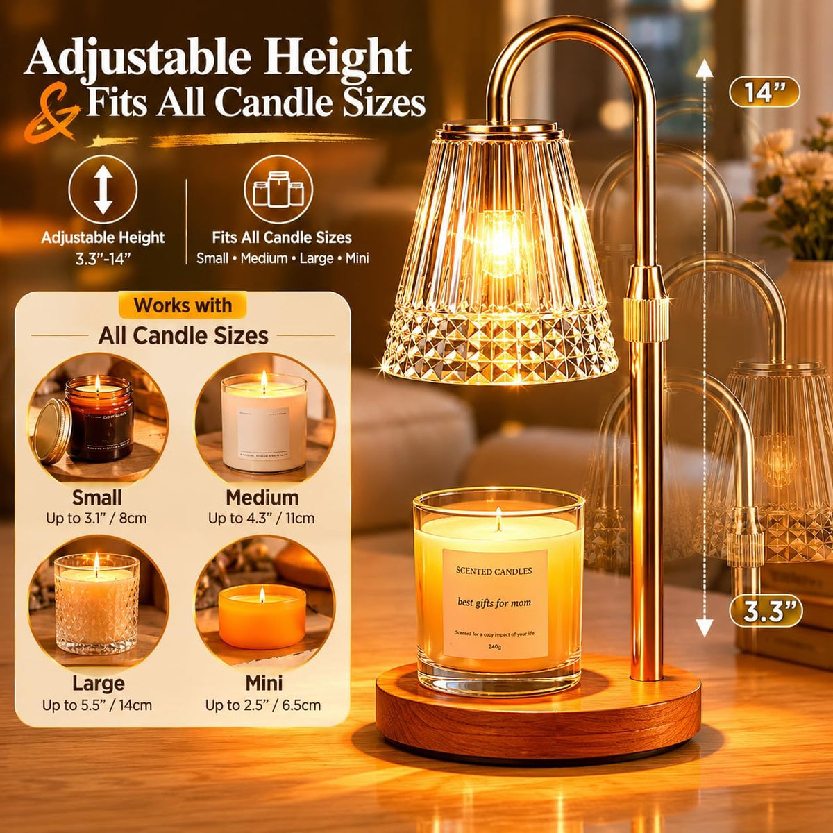 TATAANTY Candle Warmer Lamp with Timer & Dimmer, Adjustable Height for Jar Candles, Wood Base, Home Decor