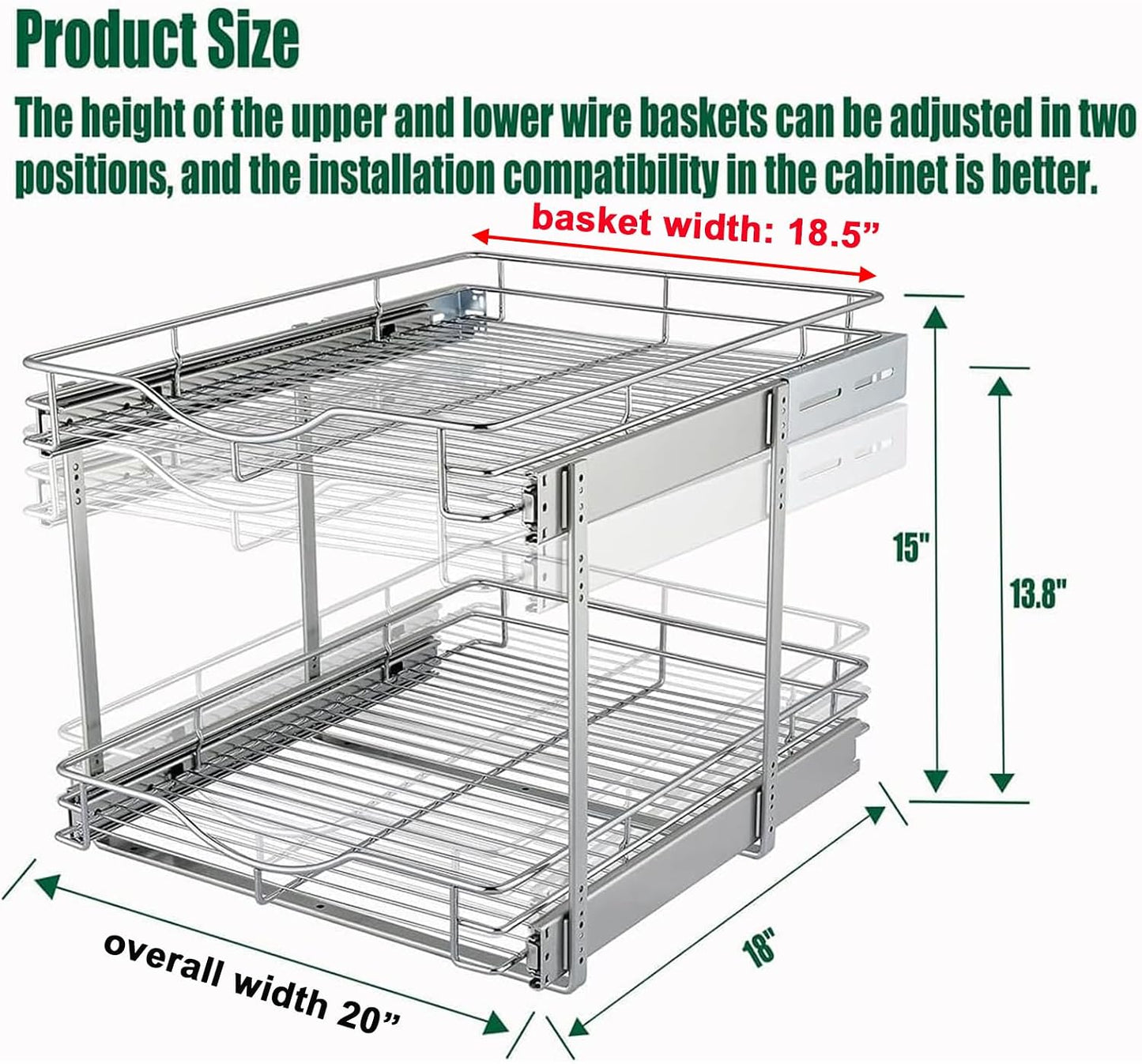 DINDON 2 Tier Pull Out Cabinet Organizer (20" W X 21" D), Double Tier Wire Basket Slide Out Shelf Storage for Kitchen Base Cabinet Organization for Kitchen, Pantry, Bathroom, Chrome