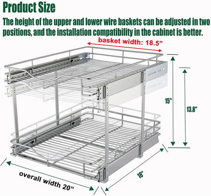 DINDON 2 Tier Pull Out Cabinet Organizer (20" W X 21" D), Double Tier Wire Basket Slide Out Shelf Storage for Kitchen Base Cabinet Organization for Kitchen, Pantry, Bathroom, Chrome