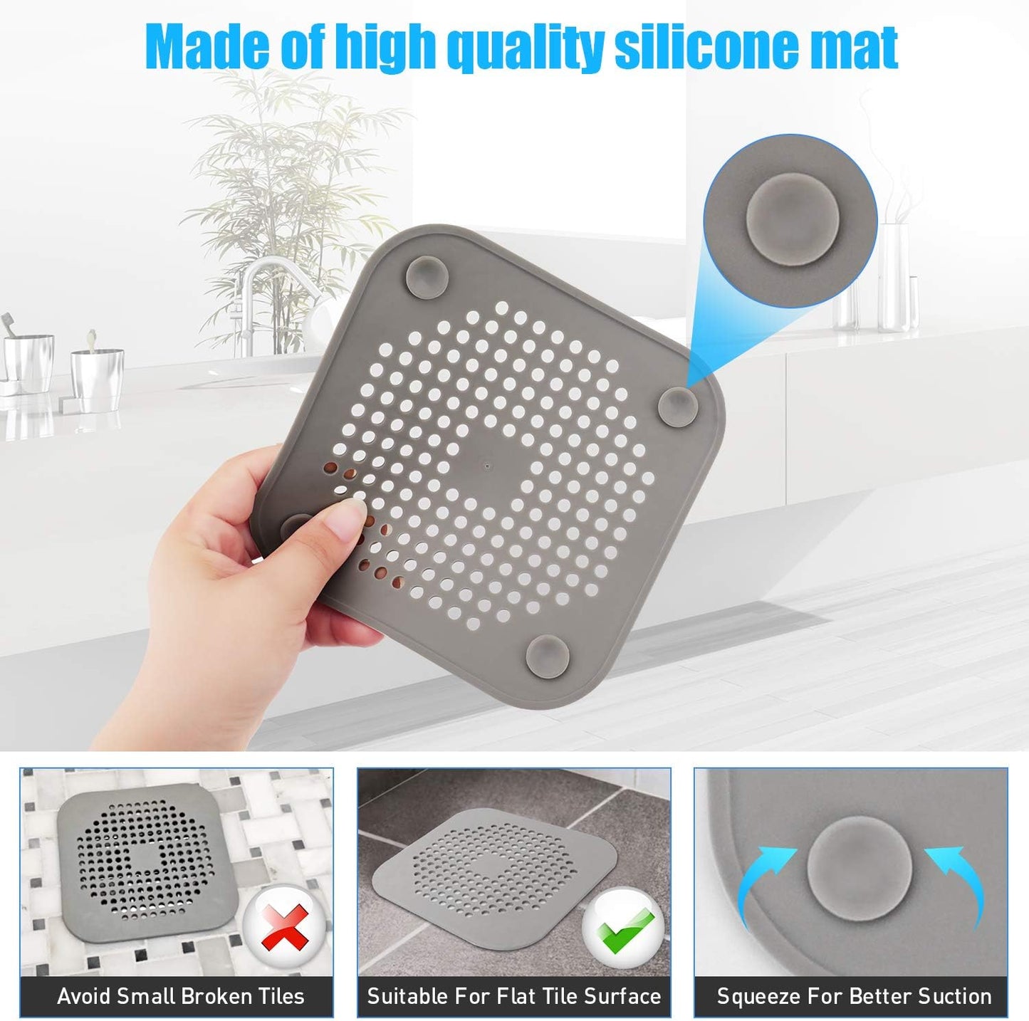 Square Drain Cover for Shower 5.7-inch TPR Drain Hair Catcher Flat Silicone Plug for Bathroom and Kitchen Filter Shower Drain Protection Flat Strainer Stopper with Suction Cups 2 Pack (Grey)