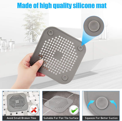 Square Drain Cover for Shower 5.7-inch TPR Drain Hair Catcher Flat Silicone Plug for Bathroom and Kitchen Filter Shower Drain Protection Flat Strainer Stopper with Suction Cups 2 Pack (Grey)