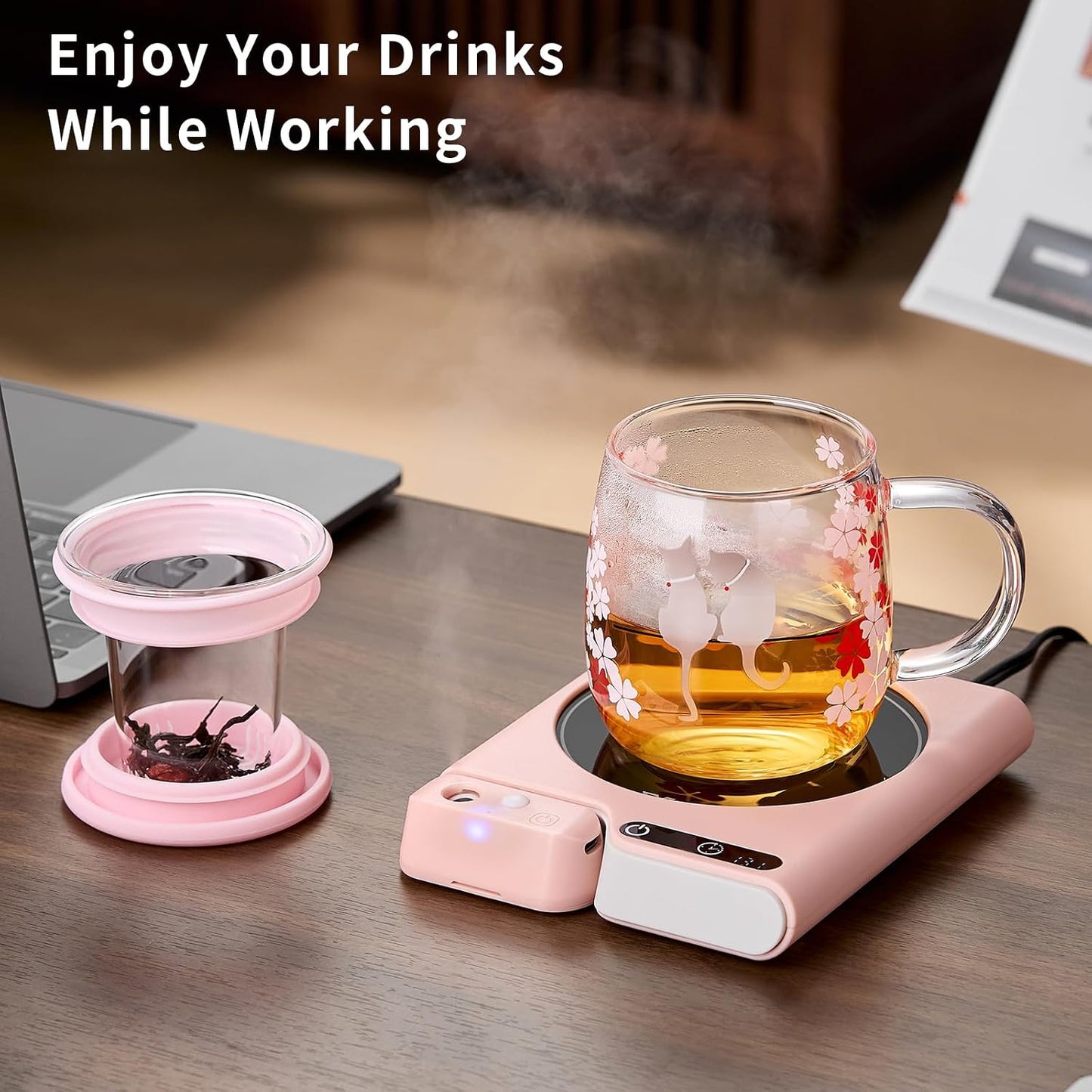 Mug Warmer with 4-Hour Auto Shut Off, 3 Temperature Settings, Frosted Black Rectangular Electric Beverage Heater, Borosilicate Glass Panel, 54-Inch Cord, Coffee Warmer for Desk, Tea Warmer