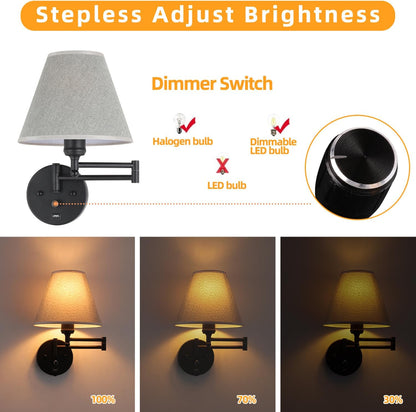Swing Arm Wall Lamp Plug in Wall Sconces Adjustable Vintage Industrial Reading Light Bedside Wall Mount Light with Dimmable Switch and USB Port Black