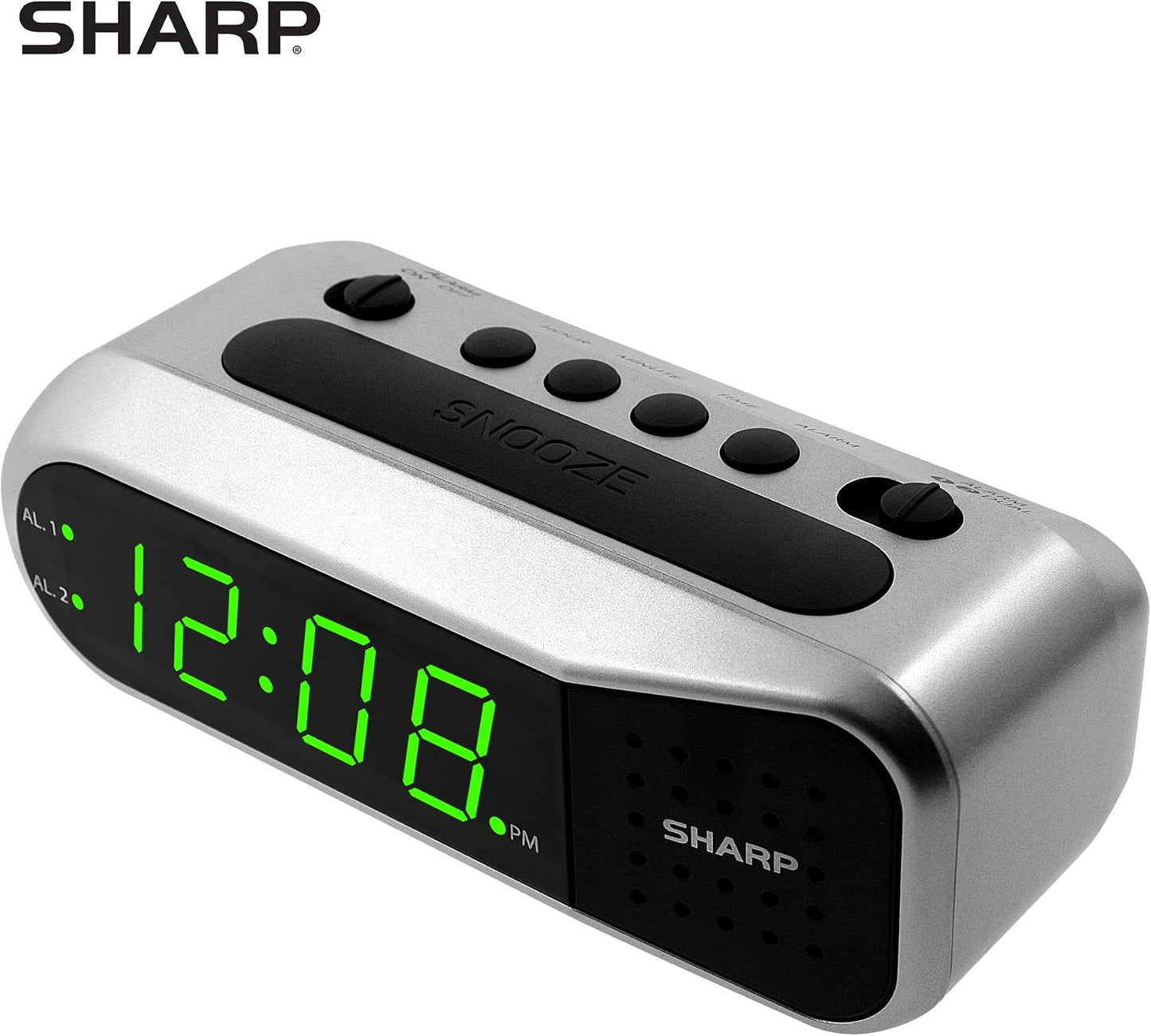 Sharp Digital Alarm Clock for Heavy Sleepers, Dual Alarm, Red LED, Black | Ascending wake sound, weekday/weekend scheduling, 9-minute snooze, easy-set controls, 2 AA backup, bedroom, dorm, office