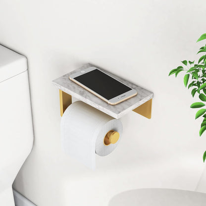 Gypie Marble Toilet Paper Holder with Shelf, Wall Mounted Matte Black | Stainless Steel Tissue Roll Paper Holder Dispenser for Bathroom Washroom