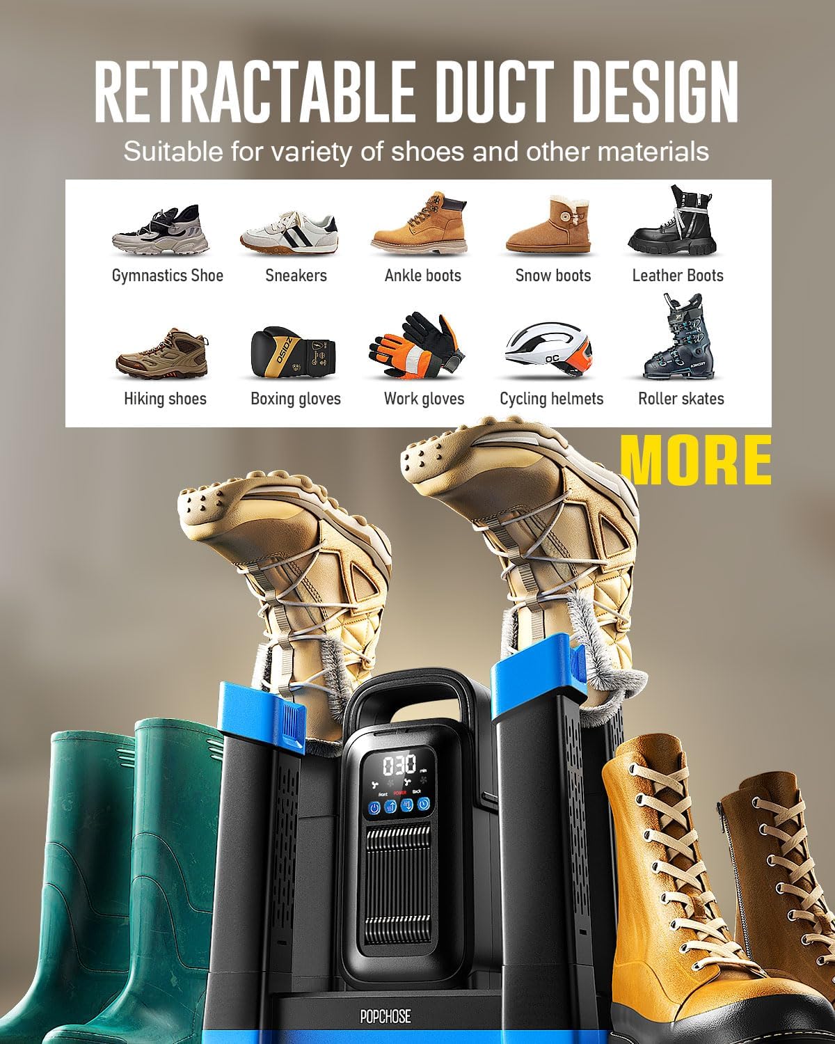 4-Head Boot Dryer with Ozone Deodorizer, 1.5H Fast Drying for 2 Pairs | 140°F Warm Air, 0-180 Min Timer, Quiet Operation, Retractable Tubes for Shoes, Work Boots, Sneakers, Cleats & Adult Gloves